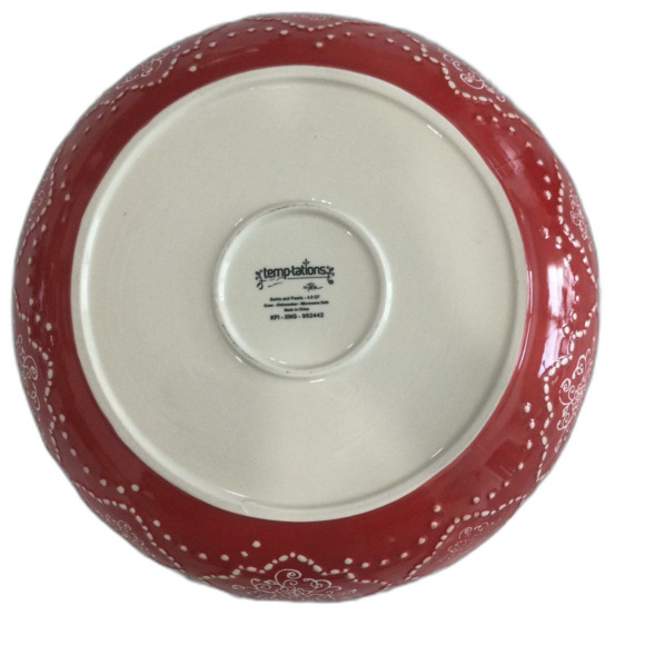 Temptations Ovenware Serving Bowl Swirls and Pearls 4.5 qt Red White by Tara - Picture 2 of 7